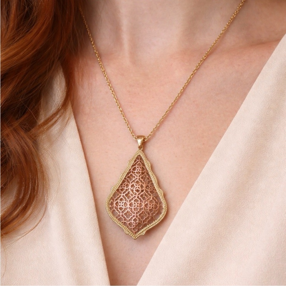 Kendra Scott Aiden Filigree Pendant Long Necklace in Rose & Yellow Gold Tone